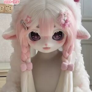 Cute Pink and White Cosplay kigurumi mask with Accessory Gloves